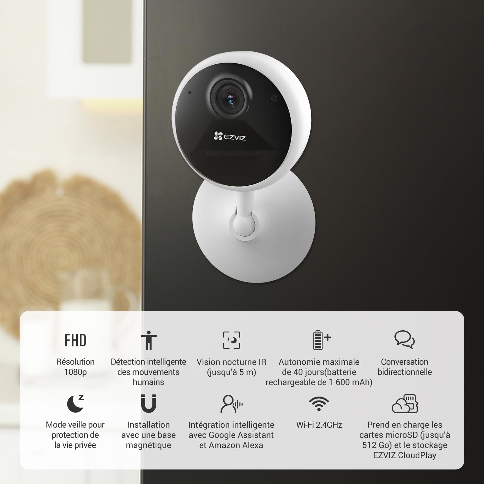 EZVIZ CB1 1080P Camera Surveillance WiFi Intérieur sans Fil sur Batterie 1600mAh, Caméra Bébé WiFi 2.4Ghz, Détection de Personne, 5m Vision Nocturne, Audio Bidirectionnel, Type C, Magnetic Mount