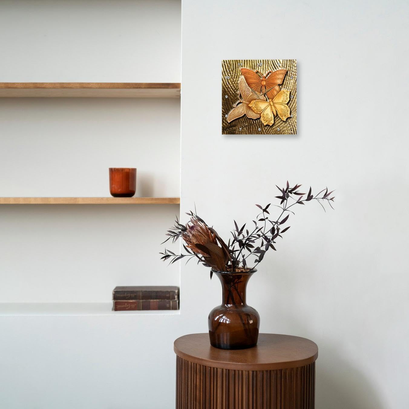 3dRose DPP_128812_2 Gold Embossed Background with Accents and Three Beautiful Butterfliesin Golds, Yellows and Copper. Wall Clock, 13 by 13-Inch