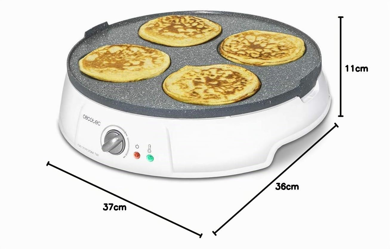 Cecotec Crépière Fun CrepeStone Twin. 1200W de Puissance et Revêtement Anti-Adhérant en Pierre Ecologique RockStone Avec Plaque Réversible, 1 Grande Crêpe ou 4 Mini-Crêpes