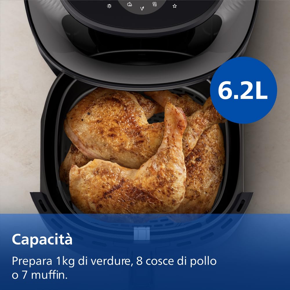 Philips Airfryer Serie 3000: Friggitrice ad aria da 6,2L con finestrella, Tec. RapidAir Plus, 16 modalità di cottura, 90% grassi in meno, facile da pulire, touchscreen, risparmio energetico (NA330/00)