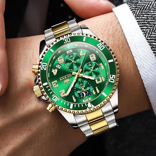 Miniatura 3 de OLEVS Relojes para hombre de lujo con cronógrafo, elegantes, con fases lunares, de dos tonos, de acero inoxidable, impermeables, luminosos, con