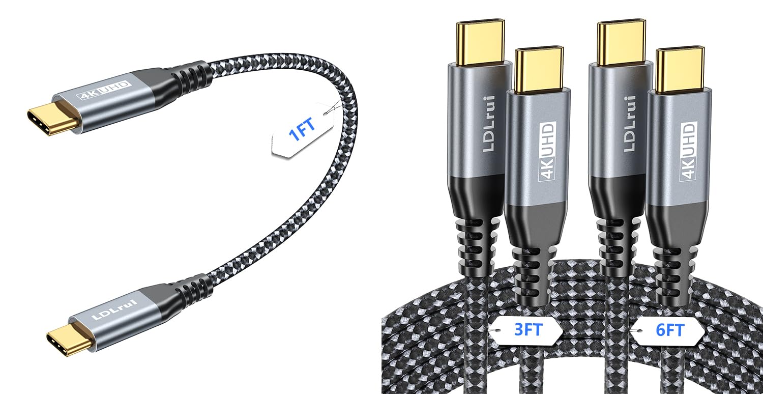 Cable USB C [1 pie + 3 pies + 6 pies, paquete de 3] 20 Gbps de transferencia de datos de alta velocidad, cable de pantalla USB C UHD 4K a 60Hz, USB 3.2Gen 2x2 tipo C 100 W cable de carga rápida para