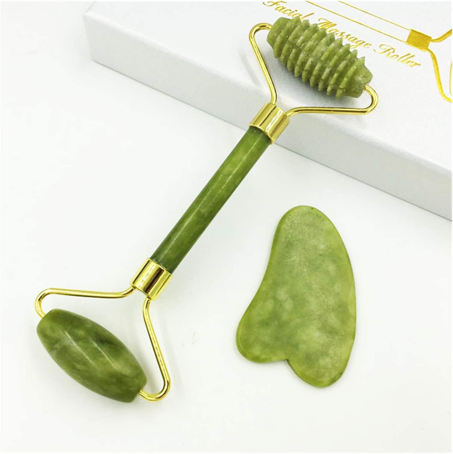 Rouleau en Jade Naturel et Gua Sha pour Massage Anti-âge du Visage et Cou