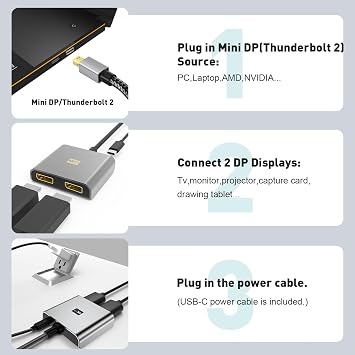 UANTIN Mini DisplayPort to Dual DisplayPort Adapter | 4K 60Hz High-Speed Thunderbolt 2 (DP) Male to 2 DP Female Splitter Extended Display Adapter, for MacBook Air/Pro, Mac mini, Surface Pro/Dock