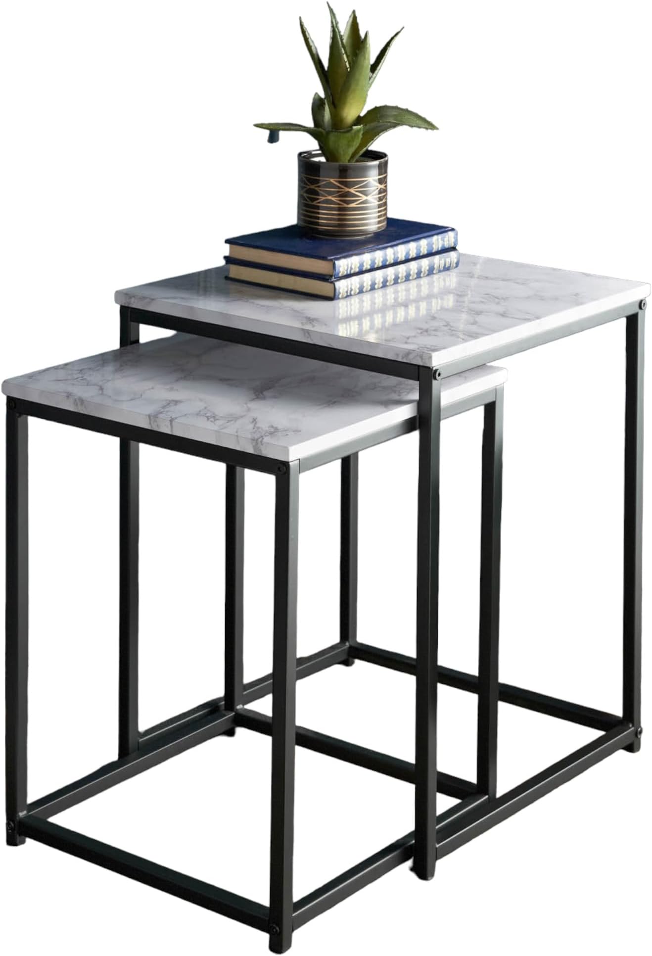 Nest of Tables, Round Coffee Table Set of 2, Faux Marble Coffee