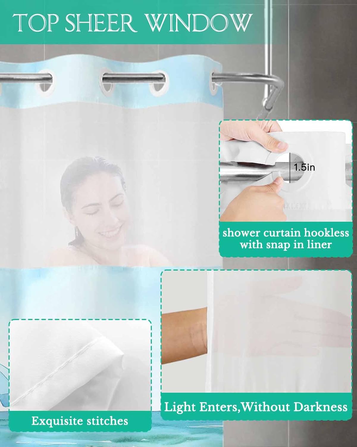 No Hook Shower Curtain with Snap in Fabric Liner Set-Seaside Blue Beach Chair Hat Bathroom Curtains with See Through Mesh Top Window,Summer Ocean Beach Waterproof Double Shower Curtain 60x72In