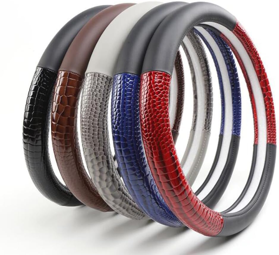 Crocodile Pattern Steering Wheel Cover Leather Four Seasons General Breathable Anti-Slip Odorless Comfortable Grip 15 Inch Universal Fit (Black)