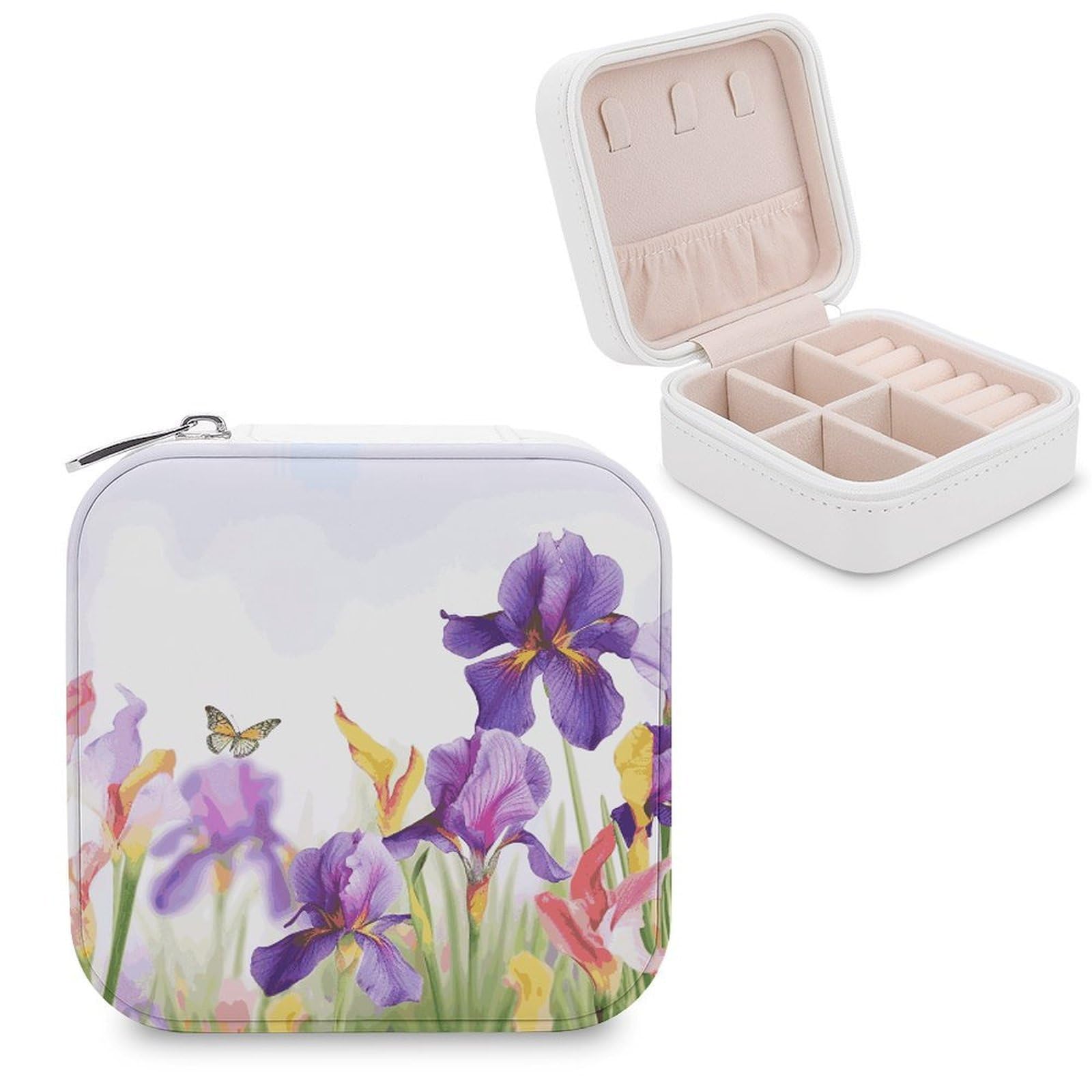 JTREHY Travel Iris Flower Butterfly Jewelry Case Portable Display Storage Box PU Leather Mini Jewelry Travel Case Personalized Travel Jewelry Organizer Small Jewelry Box for Women