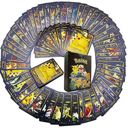 55 Stück Gold Karten Deutsch Black Foil Assorted Cards Vmax Rare GX TCG Deck Box Gift for Kids, Collectors Game Fans Cover