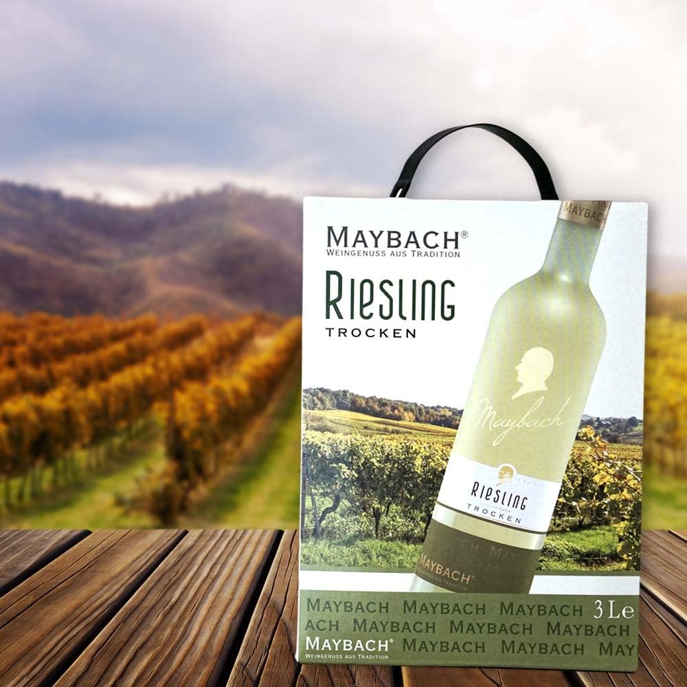 Maybach Riesling QbA, trocken, Bag-in-Box, sortenreines Weinpaket + VINOX Winecards (4x3,0l)