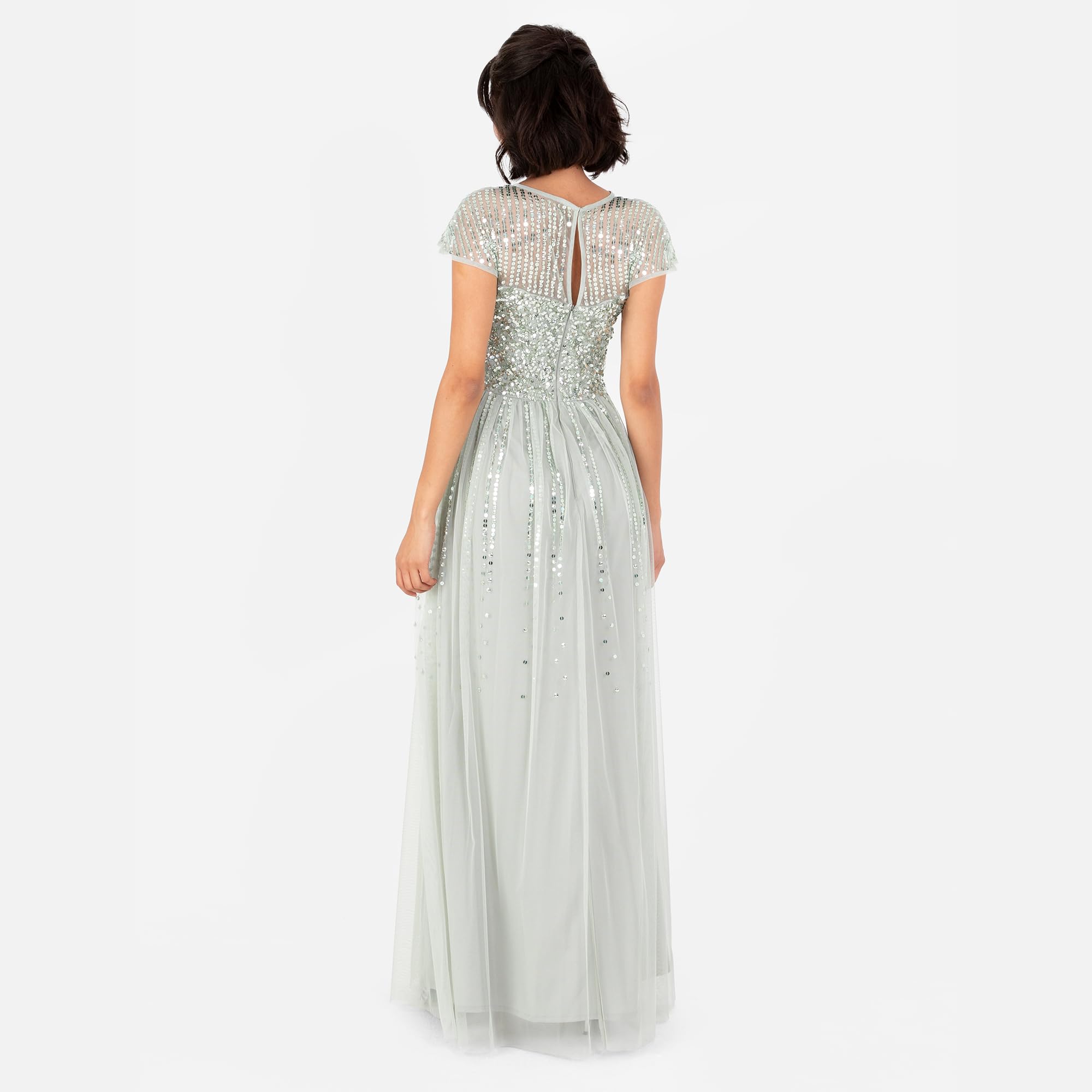 Maya Deluxe Damska sukienka maxi, z okrągłym dekoltem, z paskiem w paski, z haftowaną koszulką, z motywem nagrody A-line, Green Lily, 36