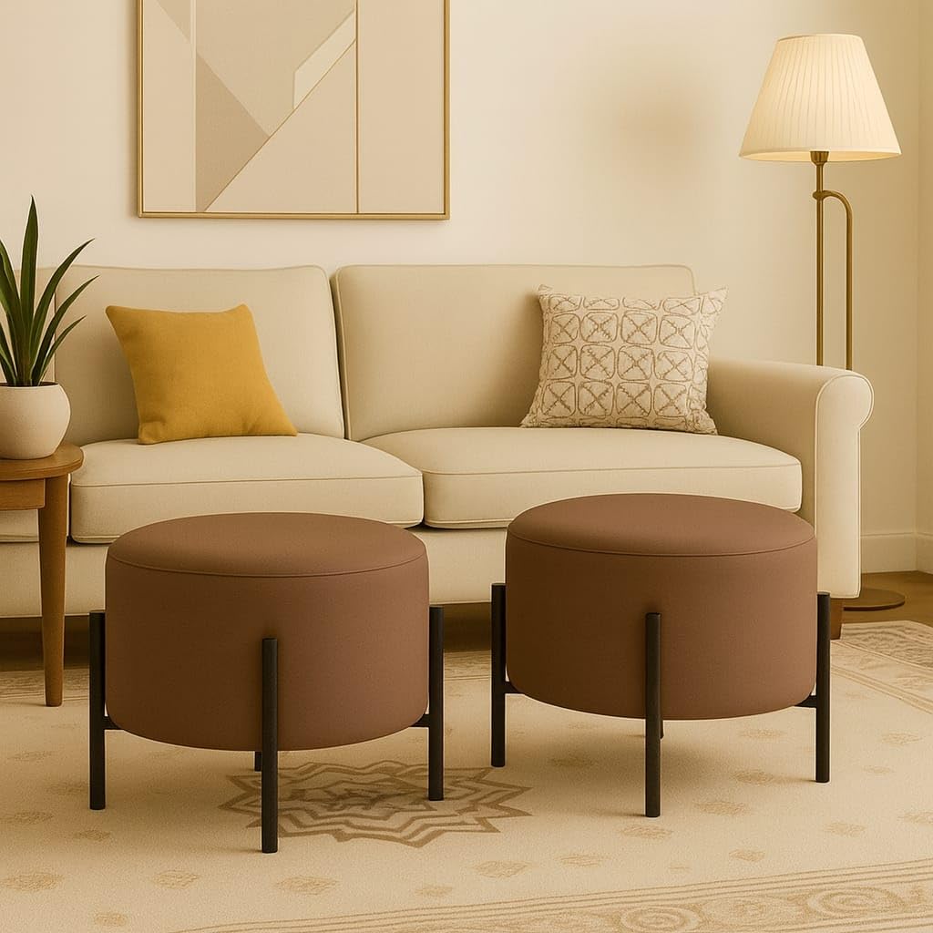 Jaico Premium Upholstered Pouffe Set, Velvet Upholstery, Black Metal Legs, Modern Style (Brown)-picture-30