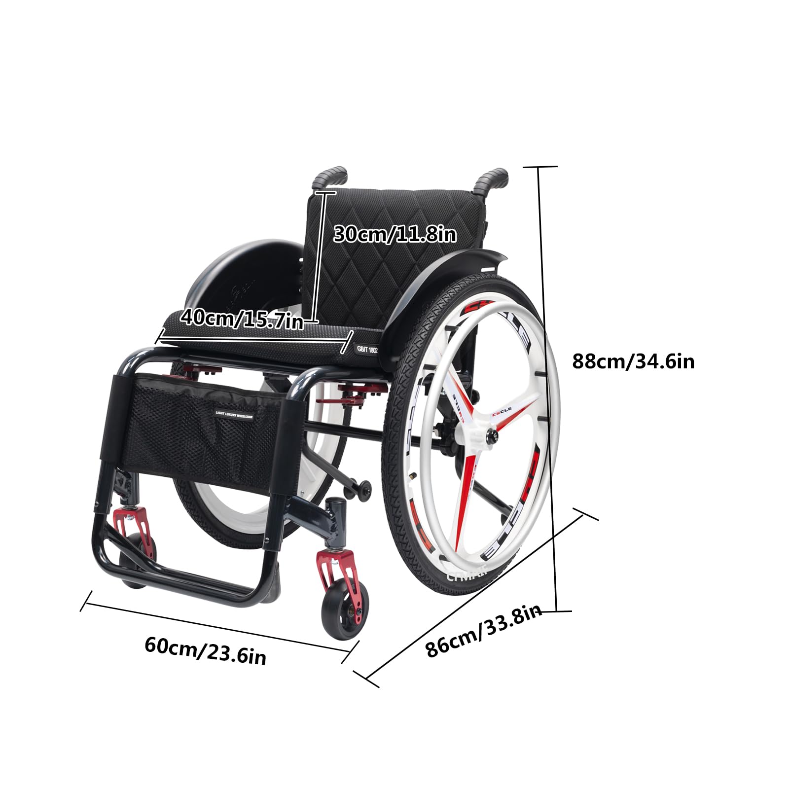 Lekki samojezdny wózek inwalidzki, aluminiowe krzesło transportowe przenośne, hamulec ręczny, do podróży, dla dorosłych (40cm/15.7in Seat)
