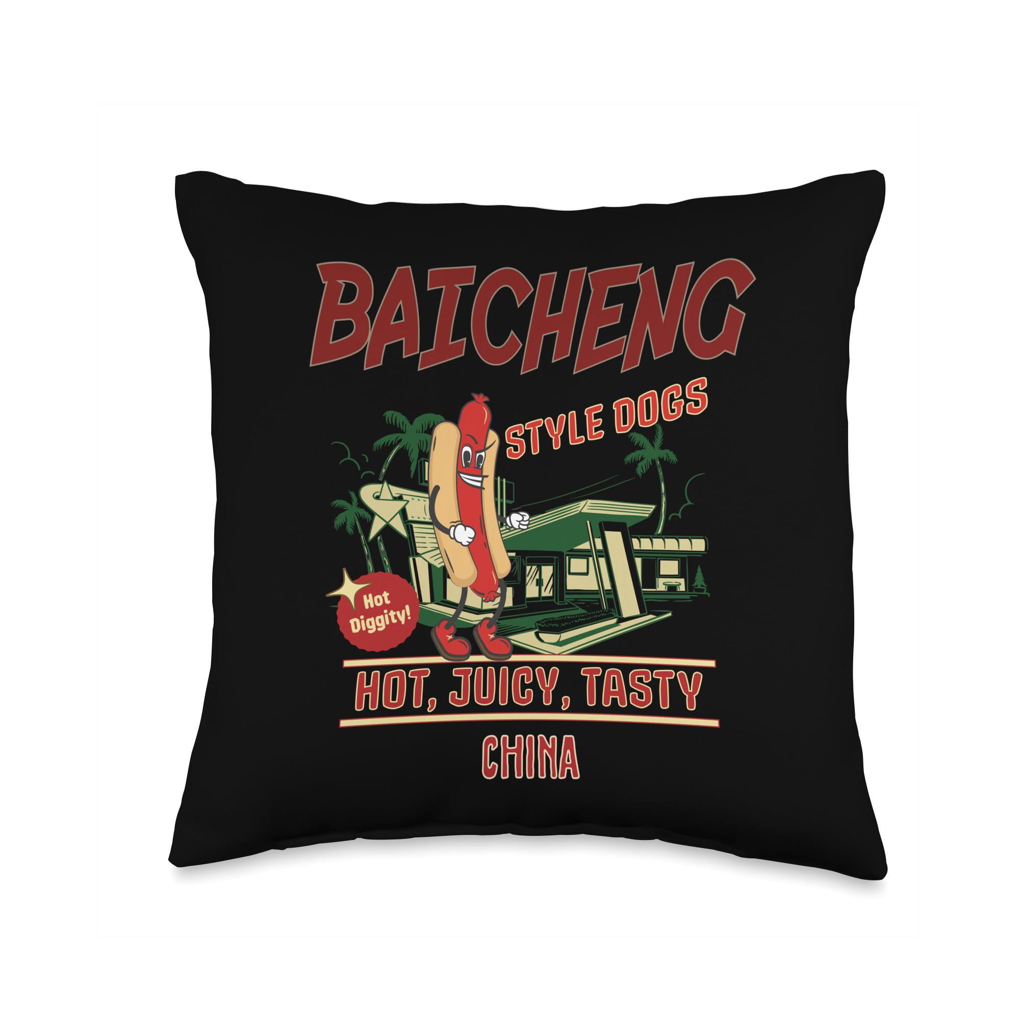 BAICHENG Style Hot DogsBAICHENG Style Dogs Hot Diggity Juicy Tasty Retro Throw Pillow, 16x16, Multicolor