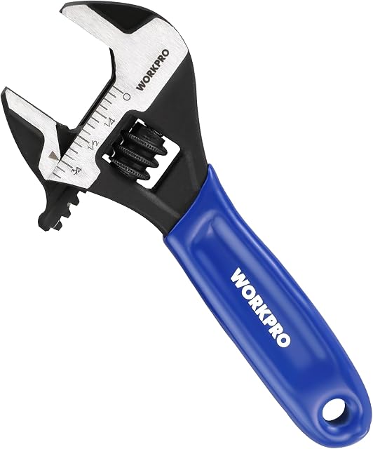 WORKPRO 4-Inch Adjustable Wrench, Blue | Cr-V Steel, Wide Jaw, Black Oxide, Metric & SAE Scales, For Home, Garage, Workshop & DIY
