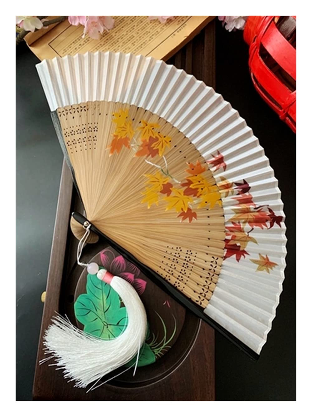 NZPOST Folding fan Chinese Style Ancient Style Bamboo Handle Folding Fan Juan Cloth Female Fan Cherry Blossom Portable Jump Dance Fan fan (B 21cm)