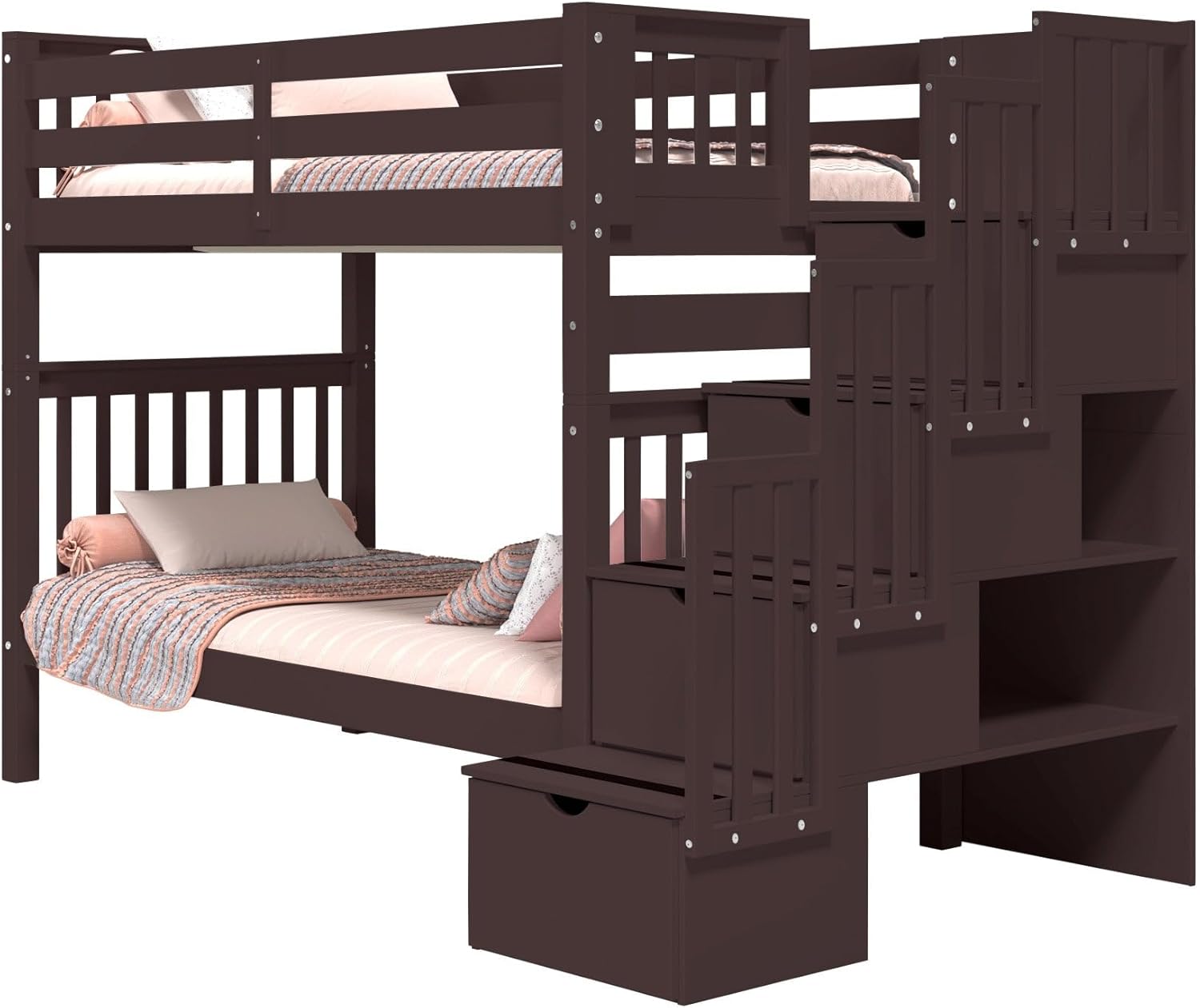 Bedz King Tall Stairway Bunk Beds Twin Over Twin with 4 Drawers in the Steps, Dark Cherry