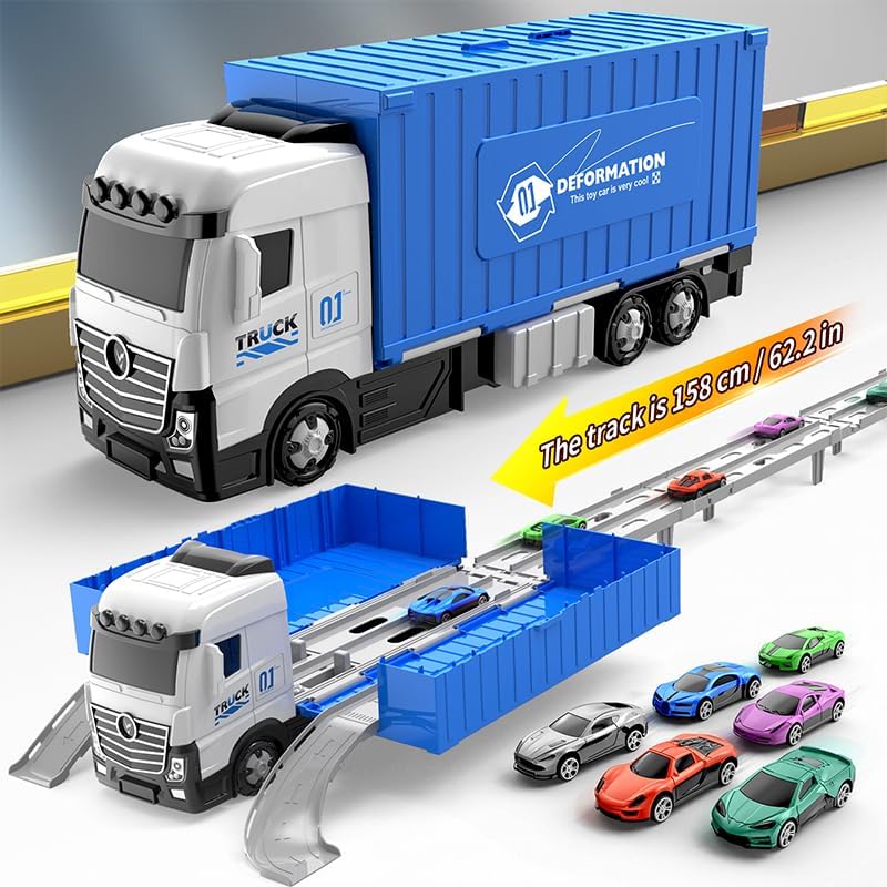 Truck Race Track Toddlers Toys, with 57-Inch Dual Race Track and Eject Car, Toy Truck Transport Car Carrier & 4 Race Cars, Truck Car Kids Toys Gifts for Age 3 4 5 6+ Years Old Boys Girls (Blue)