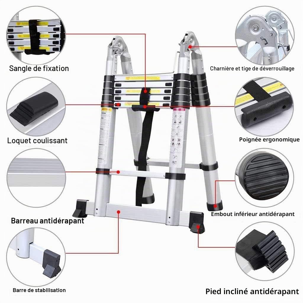 Échelle télescopique 3,8 m - en Aluminium - Échelle coulissante et Cadre A - avec Barre de Support antidérapante - Échelle Pliante antidérapante - Charge maximale : 150 kg (3,8 m/1,9 m+1,9 m)
