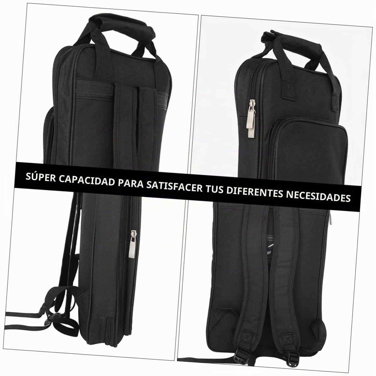 Mochila para Baquetas de Tela Oxford Negra, Bolsa Multifuncional Bolsillo Frontal, Diseño Acolchado y Resistente al Agua para Almacenamiento de Instrumentos