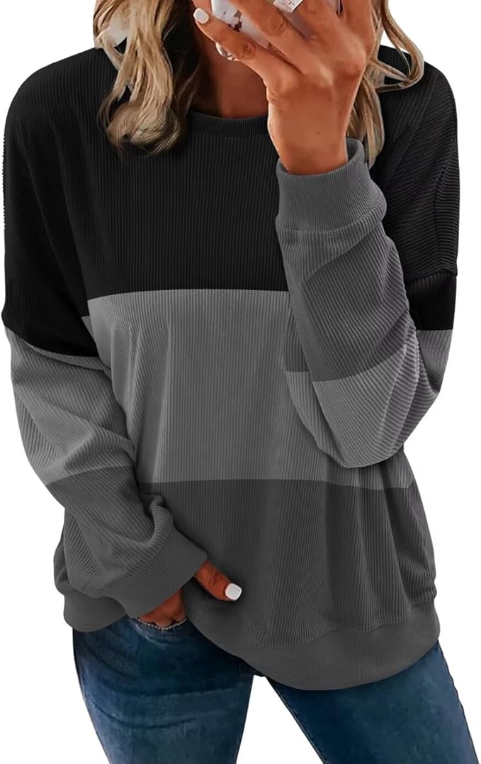 KISSMODA Women's Casual Long Sleeve Sweatshirt Color Block/Solid Crewneck Corduroy Pullover Cute Tops