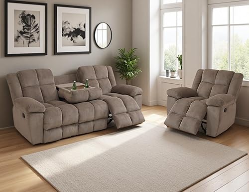 Miniatura 30 de Juego de sofá reclinable de pana, sofá reclinable manual con portavasos/mesa auxiliar, cómodos sofás reclinables de tela, juegos de muebles de sala