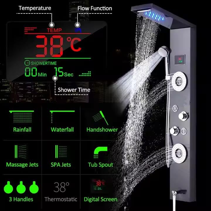 Image of 6-in-1 SS304 Shower Panel | Matte Black Finish | Waterfall & Rainfall Shower | Body Massage Jets | Hand Shower | Tub Spout | Hot & Cold Mixer (Black)
