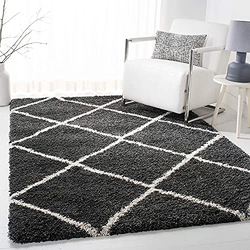 Image of Modern Anti Slip Shaggy Fluffy Fur Rectangular Rug And Carpet For Living Room, Bedroom (8X11 Feet, Dark Grey & Ivory)