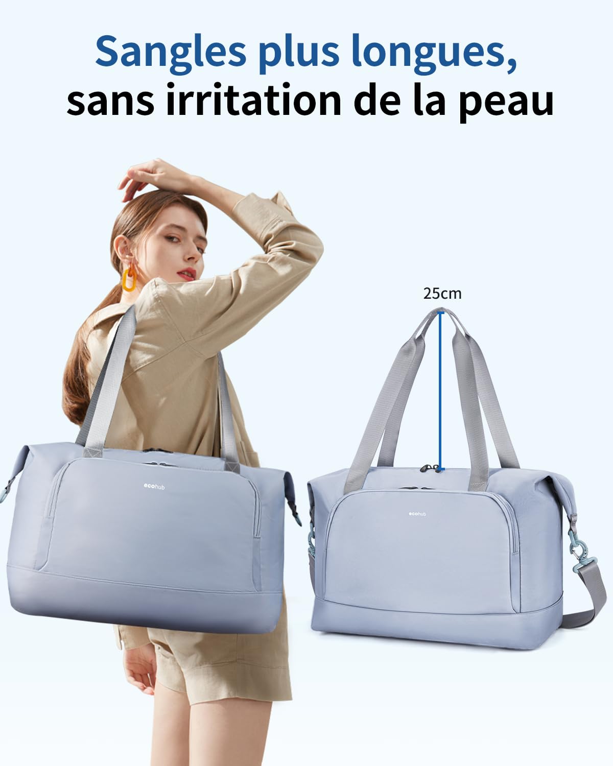ECOHUB Sac de Voyage Femme, Bagages Cabine 45x36x20 Easyjet, Sac Voyage Cabine avec Amovible Poche Humide, Sac Avion Weekend, Bagage à Main Valise Léger Imperméable, d'Hôpital, Week-End, Gris-bleu,30L
