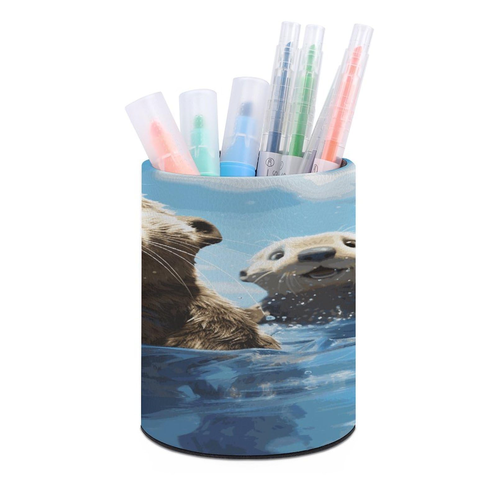 JTREHY Lovely Sea Otter Print Pen Holder Round Pen Pencil Holder Makeup Brush Holders Cup PU Leather Pencil Cups Desktop Caddy Stationery Organizer Case Office Accessories Container Box