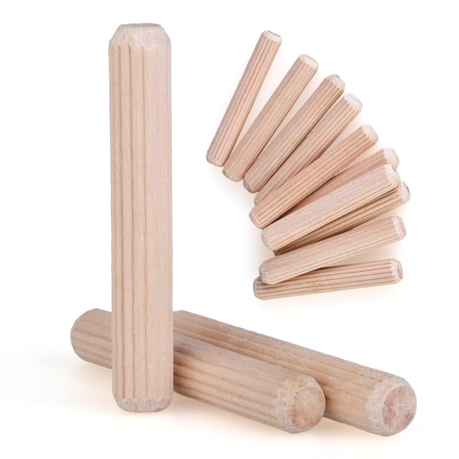 100 pcs 5/16" x 2" Wooden Dowel Pins, Hardwood, Kiln-Dried Fluted & Beveled Design for Easy Insertion for Woodworking, Furniture, Crafts & DIY