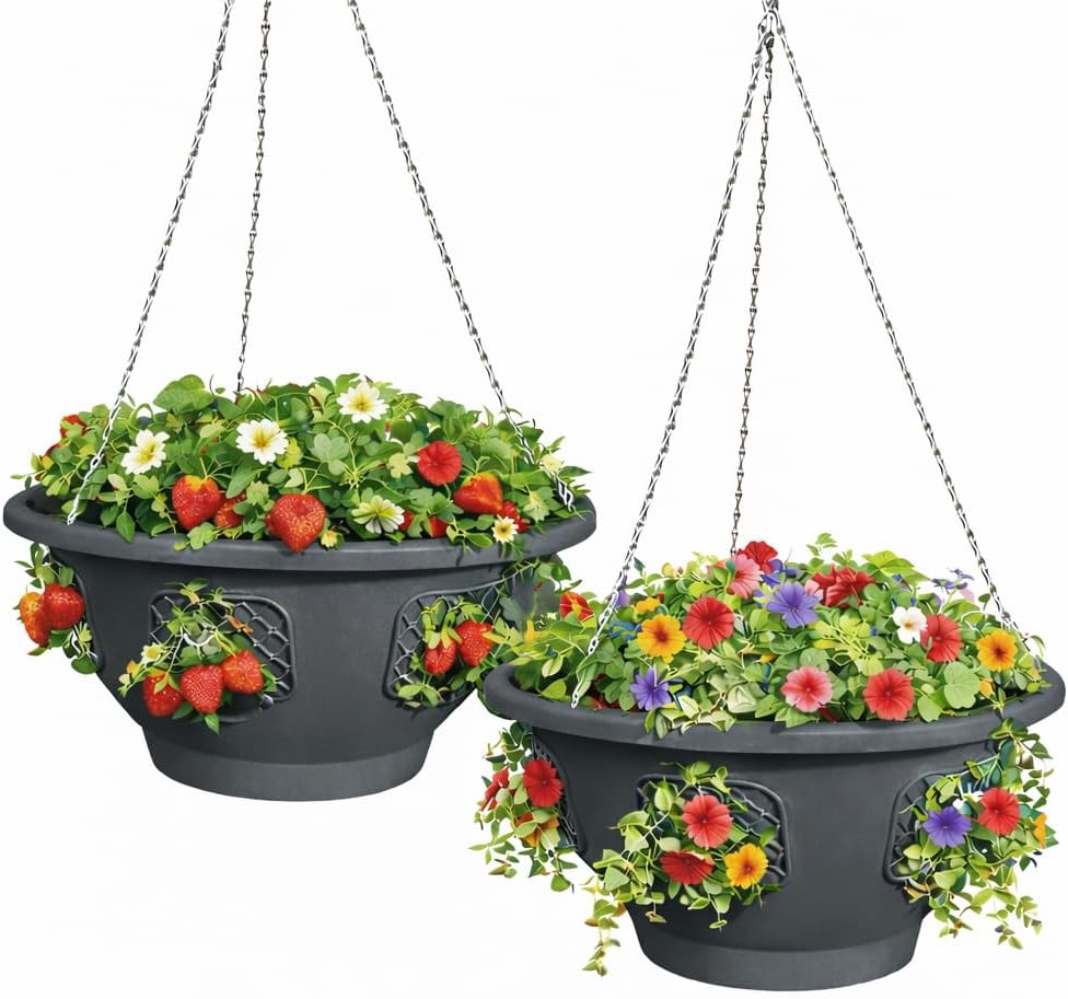 Ultimate Hanging Baskets - Strawberry, Tomato, Flower, and Herb Outdoor Planters - Use Garden Pots for Growing Plants Outside On A Deck, Fence, or Balcony (2)