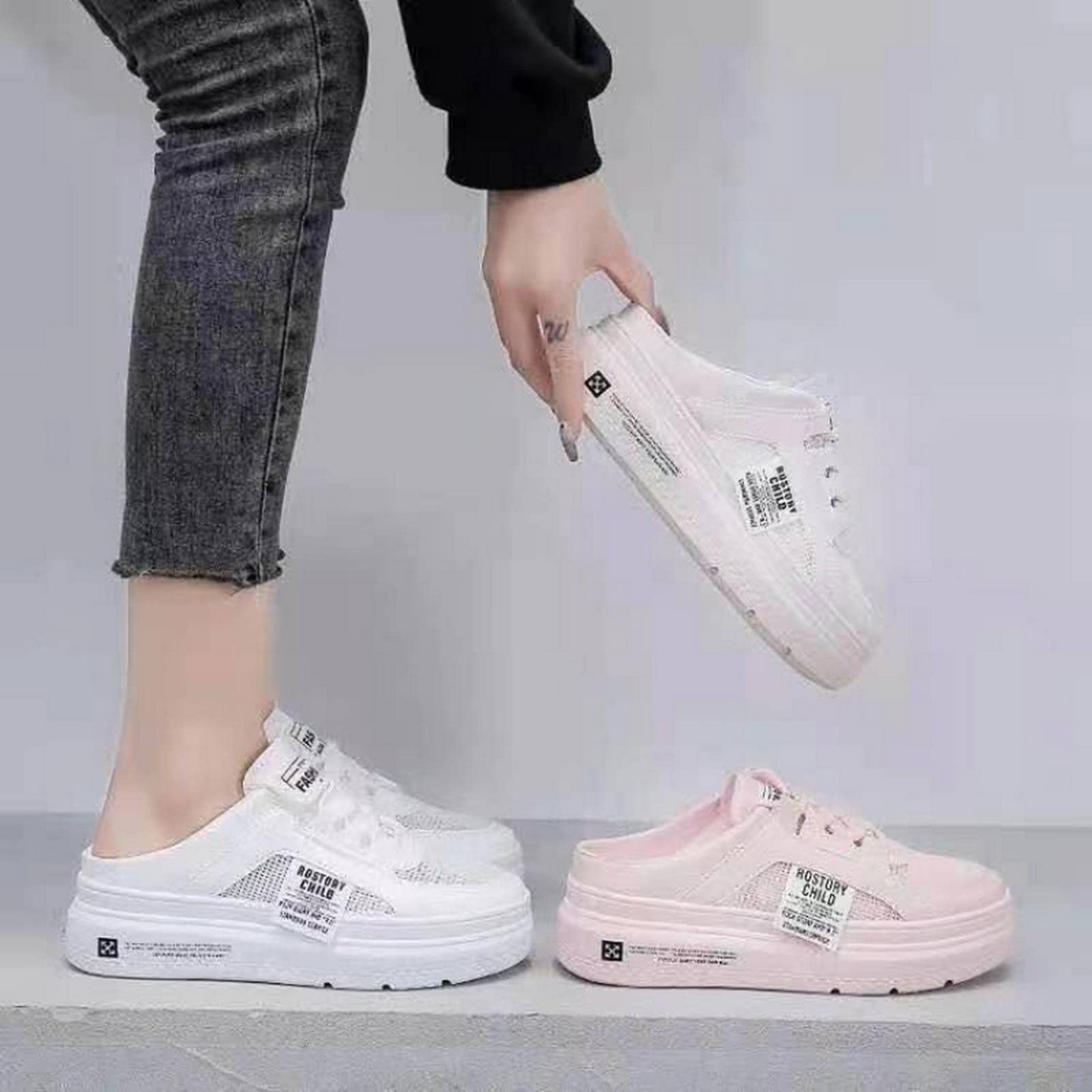 MOGSA Pantoufles pour femme - Demi-chaussons assortis à bout fermé - Pantoufles d'extérieur à plateforme - Chaussures blanches
