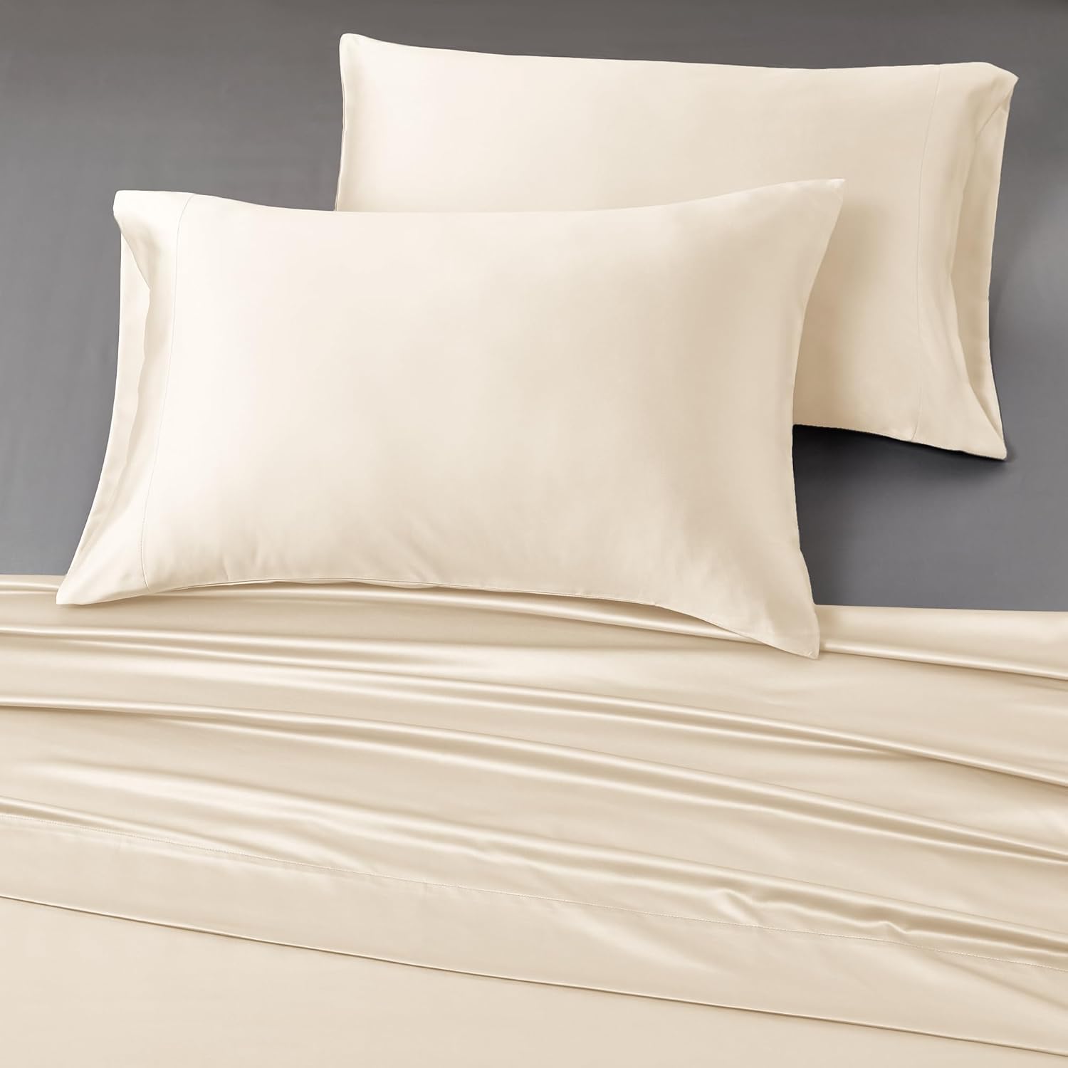 Modern Threads Satin Sheets, 6-Piece Luxury Silky Soft Bed Sheet Set with Deep Pocket Fitted Sheet, 4 Pillowcases, Wrinkle Resistant, Sheet Organizer and Storage, Beige, Queen