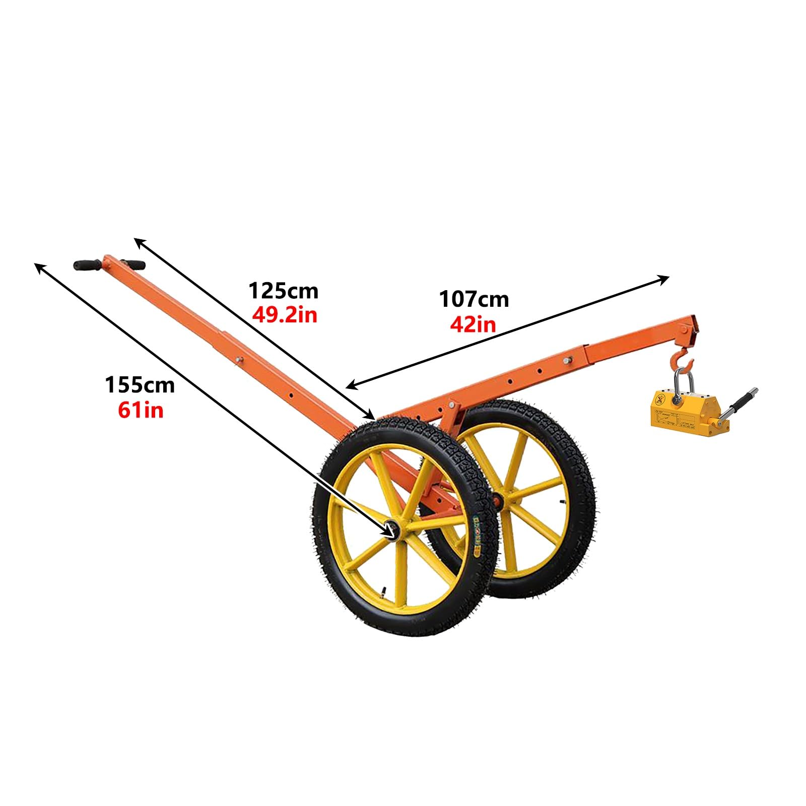 Wózek widłowy z pokrywami włazów, regulowany pręt, koło pneumatyczne 60 cm, hak obrotowy, magnes w zestawie