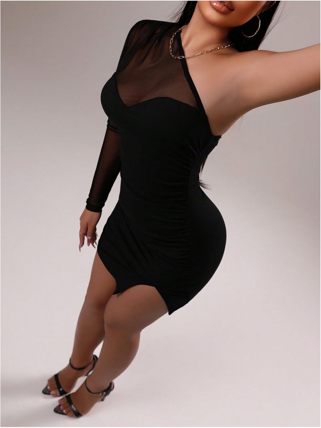 Floerns Women's Mesh One Shoulder Dress Ruched Split Long Sleeve Bodycon Mini Dresses - Image 2