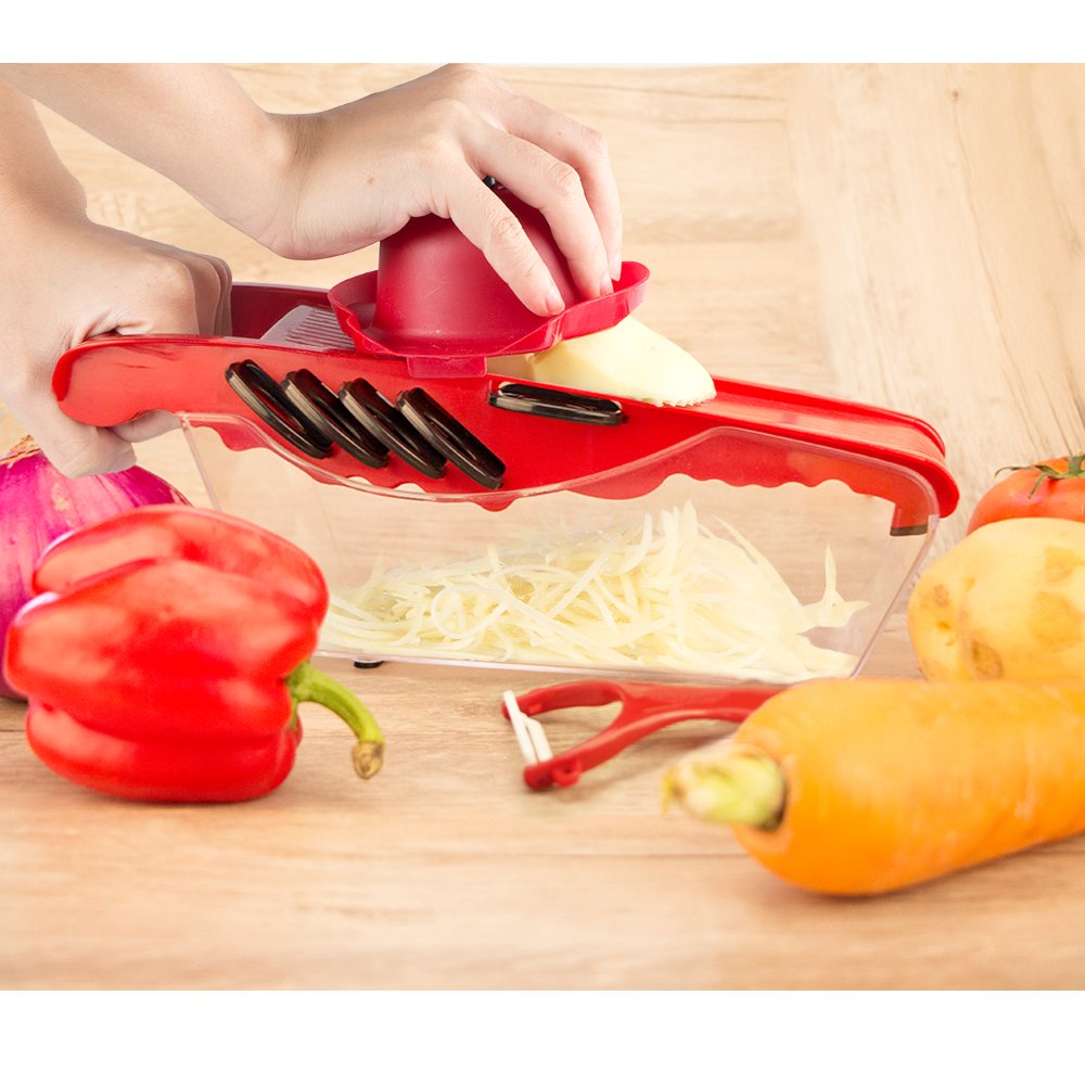NIOSAVM Gemüsehobel Mandoline – Edelstahl, 5 Austauschbare Klingen, Inkl. Schnittfester Handschuhe & Bürste