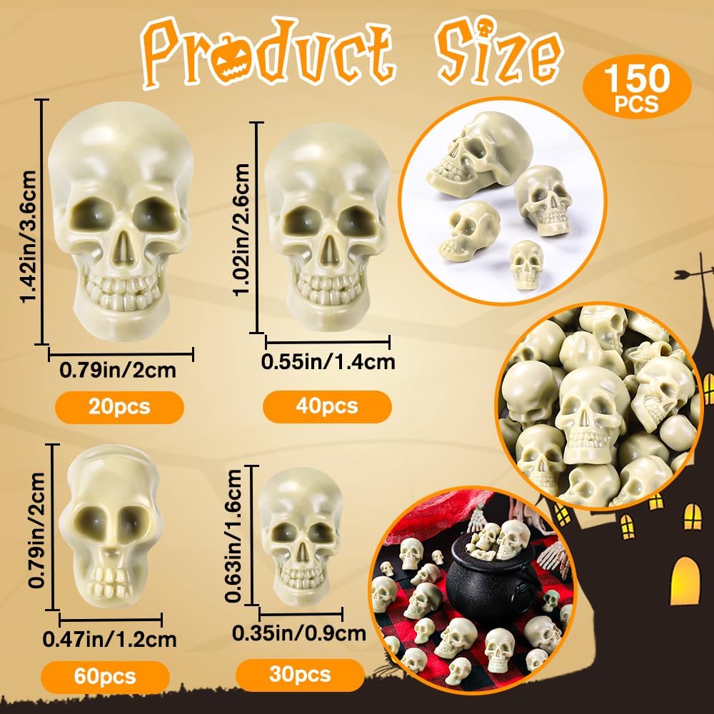Vellibring 150 PCS Halloween Mini Skull Heads Decoration, Plastic Miniature Decorative Skulls Halloween DIY Resin Skeleton Head Figurines for Halloween Vase Filler Trick Party Table Decor