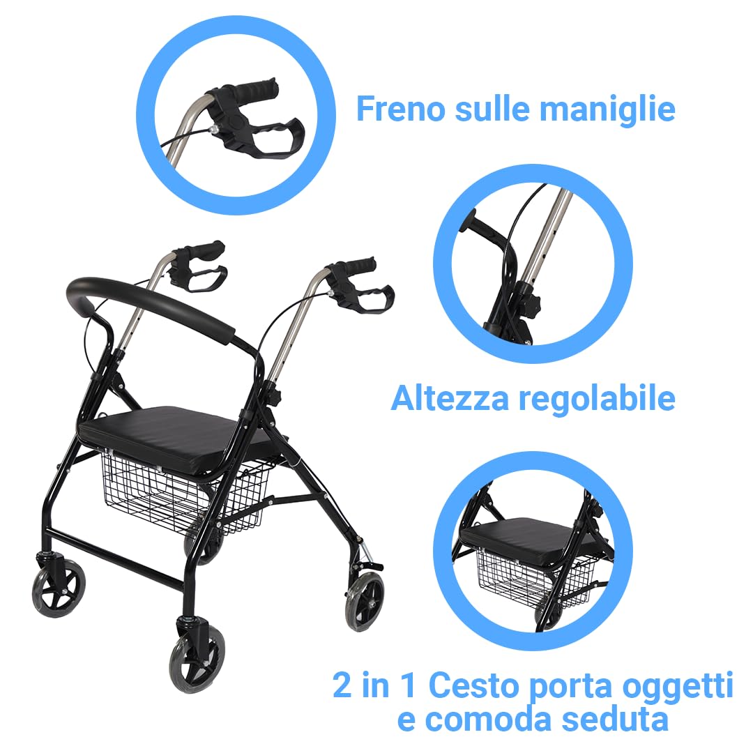 Ultralight Składany Walker Rollator z kołami, hamulcami, Koszem i ergonomicznym siedziskiem dla osób starszych, 4 koła hamulcowe, Europejska marka CE