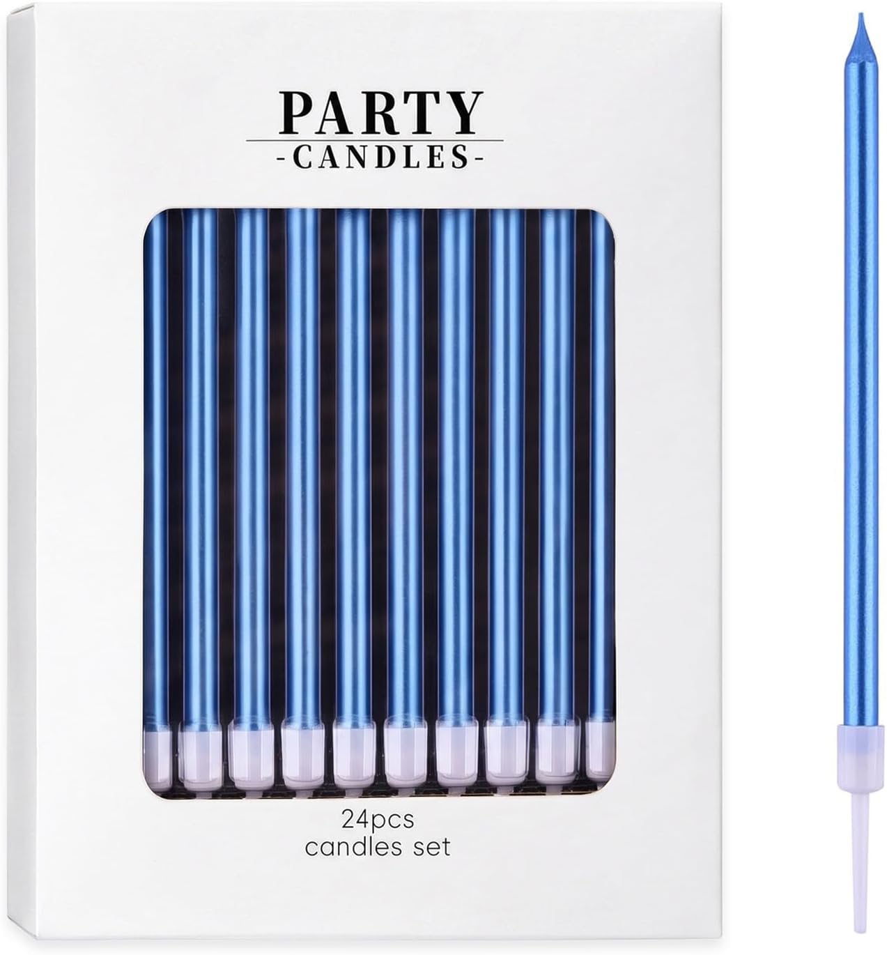 24Pcs Blue Birthday Candles, Long Thin Metallic Birthday Cake Topper Candles for Party Decorations Wedding Anniversary Party Supplies