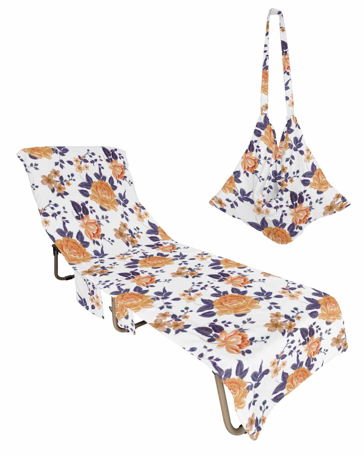 Orange Flower Beach Chair Towel Covers for Chaise Lounge With Side Pocket, Soft Plush Pool Towels Cover for Patio Sunbathing Outdoor 29''x85'' Vintage Watercolor Spring Leaves