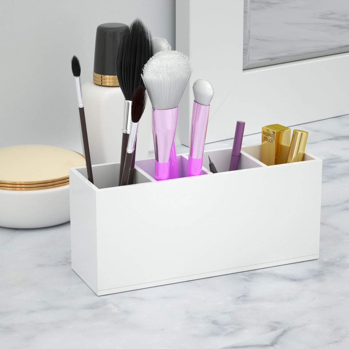 NIUBEE Soporte acrílico para bolígrafos, 4 compartimentos, organizador de lápices blanco para almacenamiento de accesorios de escritorio (blanco)