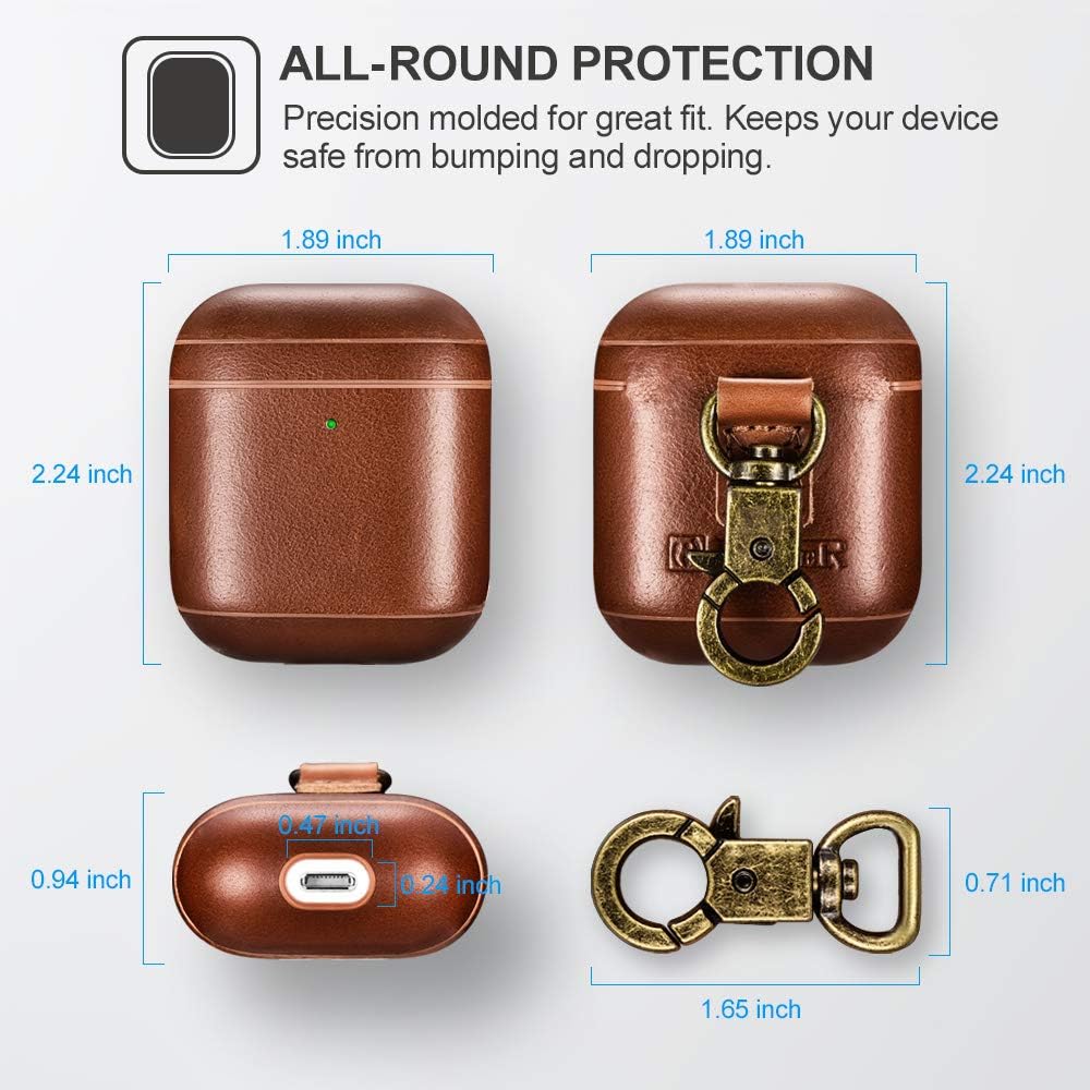 AirPods Leather Case, ICARER Genuine Leather AirPod case with Keychain and Led Light for Apple AirPods 2 Case & Airpods 1, Support Wireless Charging(Brown)