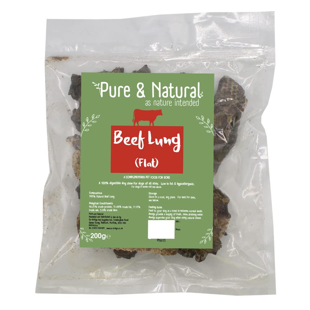 Pure & Natural Beef Lung Flats - Dried Beef Lung Natural Dog Treats, High Protein & Low Fat Dog Chew for All Ages - 200g Bag