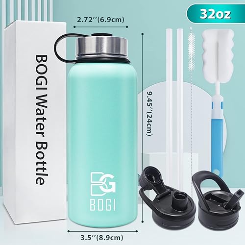 Vista 66 de BOGI Botella de agua aislada de 32 onzas, botella de agua de acero inoxidable al vacío de doble pared con popote y 3 tapas, a prueba de sudor