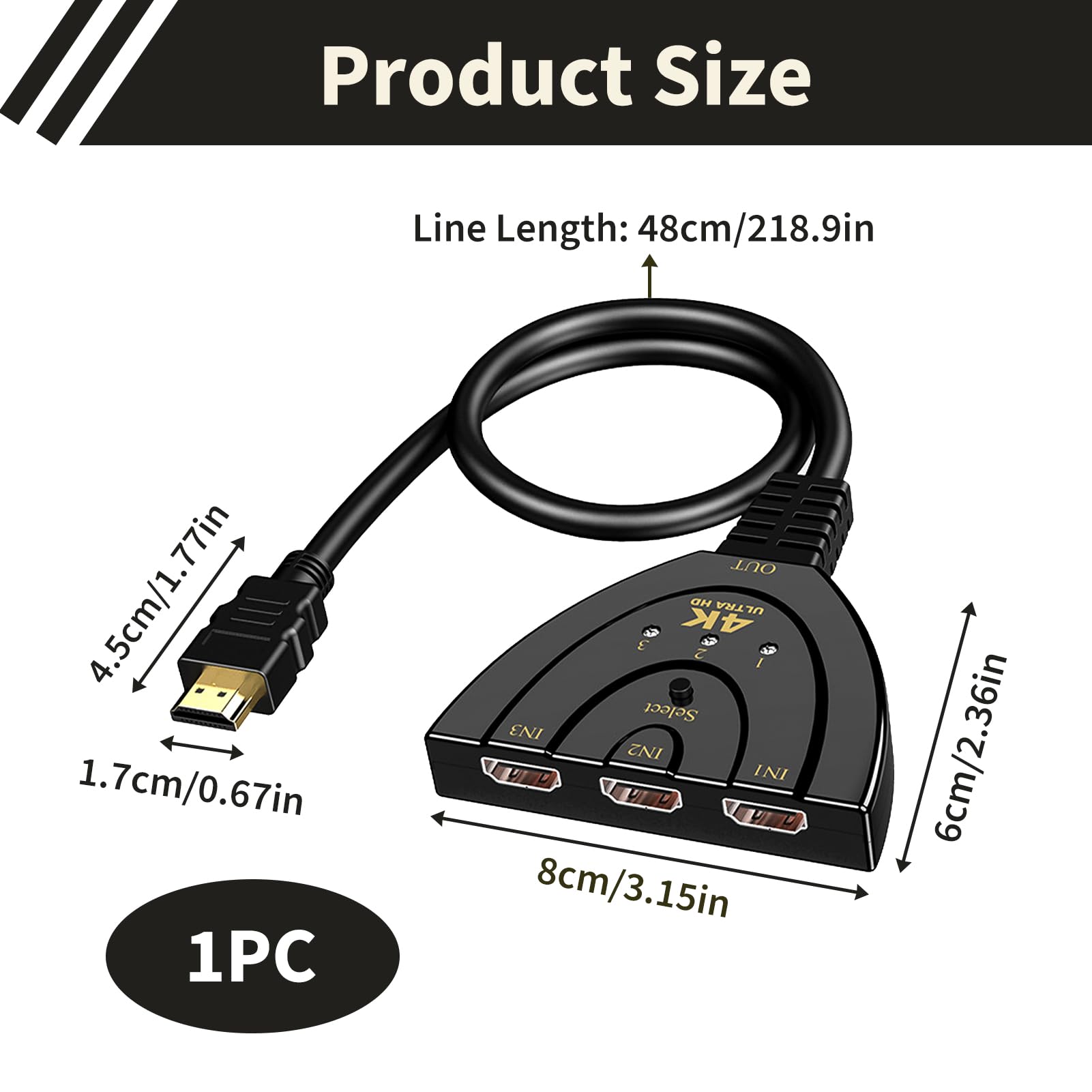 HDMI Switch 3 In 1 Out, HDMI Umschalter Automatisch 4K 30Hz Verteiler, Manueller für PS5 PS4 Xbox PC Laptop Blu-ray TV Monitor Beamer, Plug Play ohne Stromversorgung mit Stabiler Signalübertragung