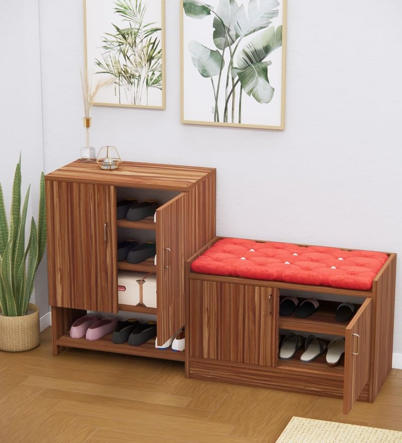 Image of SPECIALITY PANELS Wooden Shoe Rack with Cushioned Seating Bench, Walnut Finish, 2-Piece Set with Storage Cabinets, DIY Assembly