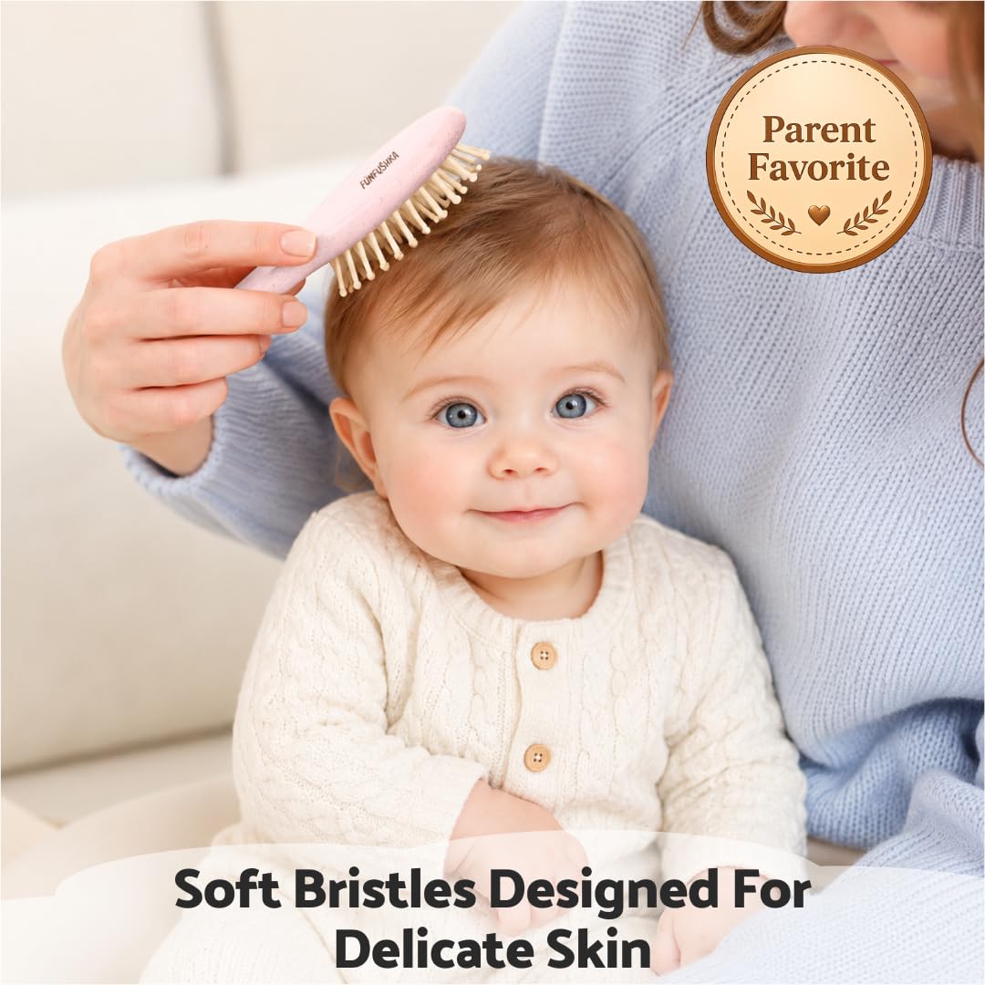 Juego de cepillo y peine de madera para bebé recién nacido, cepillo de pelo natural con cerdas de cabra suaves para niñas y niños, perfecto para cuna (rosa)