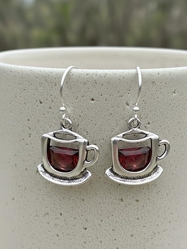 Miniatura 4 de Sterling Silver Coffee Cup Teacup with Red Cubic Zirconia Charm Earrings