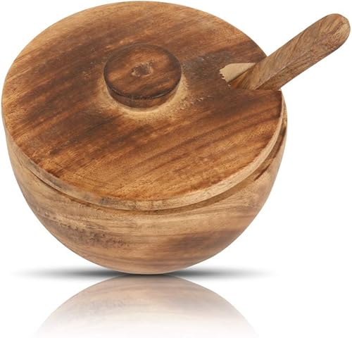 Azúcar de madera rústica decorativa y cuchara con tapa de boca ancha para golosinas tarro de especias para condimentos frutos secos cuenco para